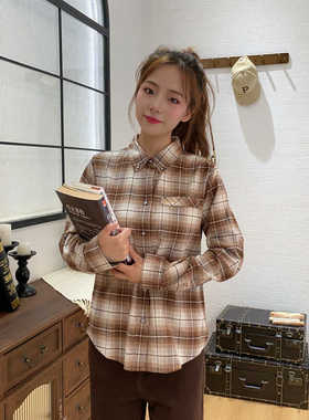 专柜正品女式翻领长袖格子衬衫YNDC59100复古咖色美拉德休闲时尚