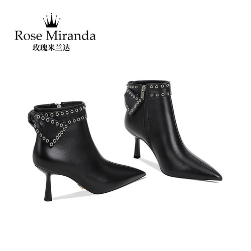 玫瑰米兰达RoseMiranda靴子冬季新款黑色真皮蝴蝶结加绒短靴