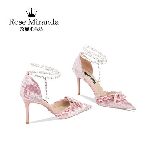 玫瑰米兰达RoseMiranda高跟鞋中空一字带细跟尖头粉色凉鞋