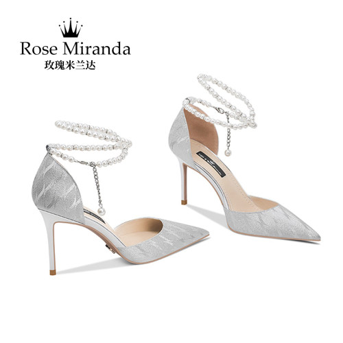 玫瑰米兰达RoseMiranda 高跟鞋银色送礼细跟婚鞋侧空凉鞋女