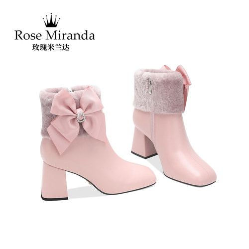 玫瑰米兰达RoseMiranda高跟鞋粉色蝴蝶结加绒冬季新款靴子