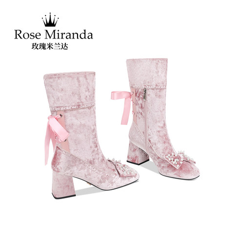 玫瑰米兰达RoseMiranda靴子浅粉色仙女风蝴蝶结水钻中筒靴女
