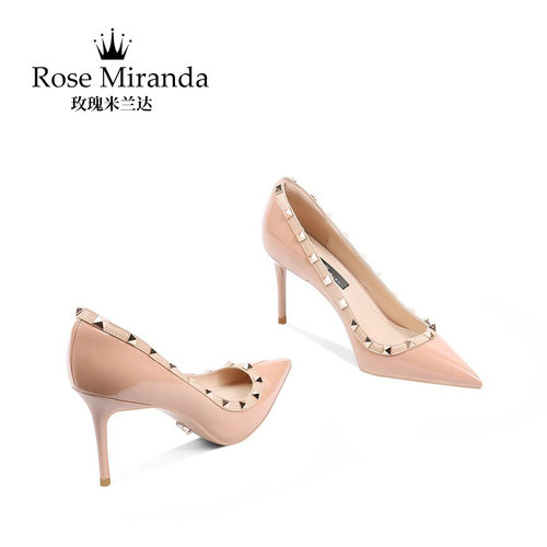 RoseMiranda玫瑰米兰达高跟鞋铆钉尖头细跟单鞋裸色一脚蹬