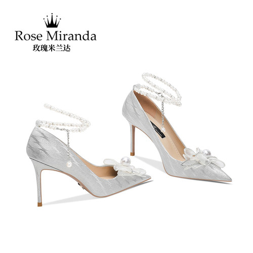 玫瑰米兰达RoseMiranda纪念时刻高跟鞋银色法式婚鞋细跟尖头单鞋