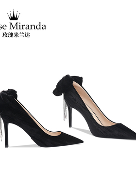RoseMiranda玫瑰米兰达高跟鞋黑色气质单鞋真皮细跟不累脚
