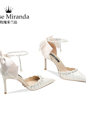玫瑰米兰达RoseMiranda高跟鞋浅金色一字带婚鞋细跟凉鞋女