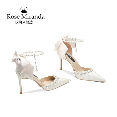 玫瑰米兰达RoseMiranda纪念日高跟鞋浅金色一字带婚鞋细跟凉鞋女