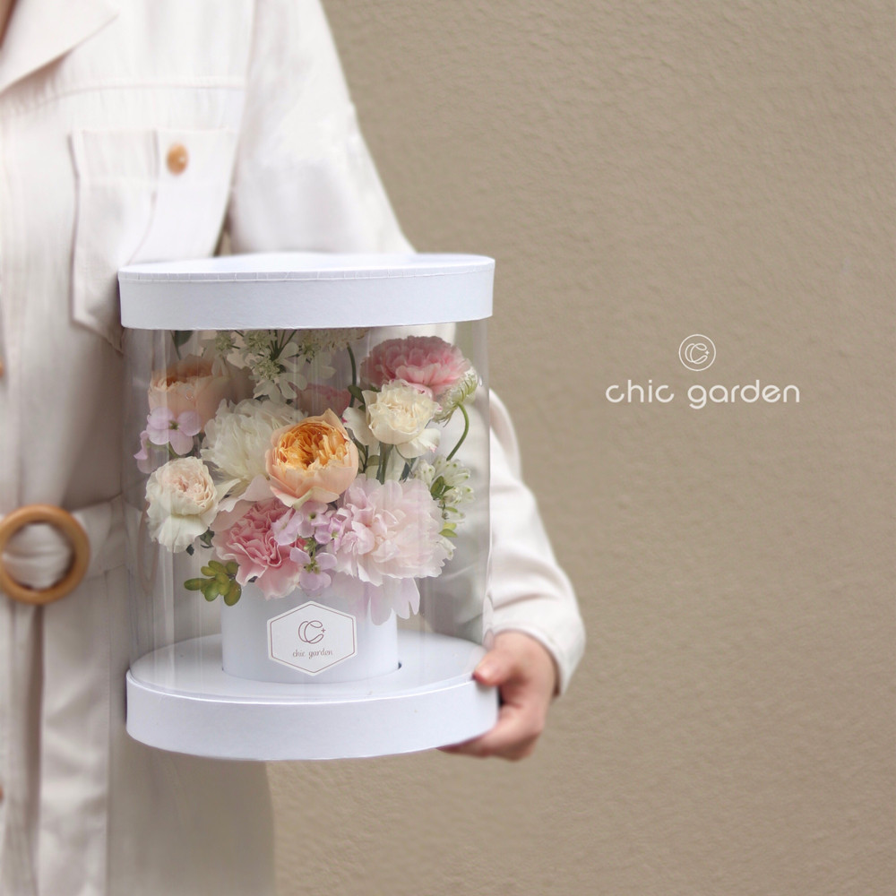 情人节抱抱桶鲜花盒玫瑰花包装盒圆形花艺礼盒透明pvc手提插花盒