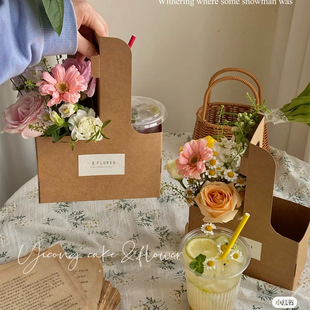 咖啡手提花盒烘焙甜品蛋糕鲜花束包装礼盒牛皮纸袋奶茶外带打包盒