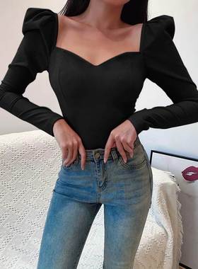 instunning 法式复古宫廷泡泡袖t恤女新款欧美风纯欲气质黑色上衣