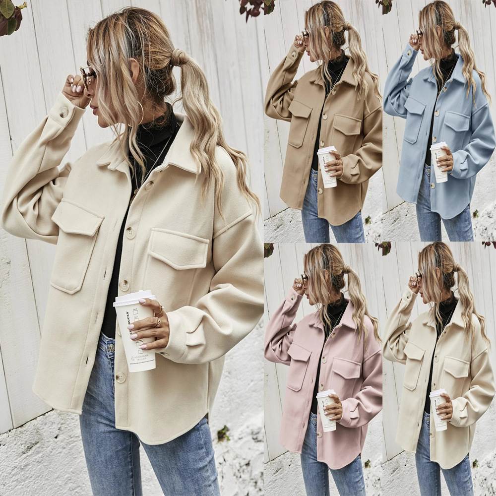 欧美跨境2021秋冬翻领单排扣加厚纯色衬衫毛呢宽松外套女coat
