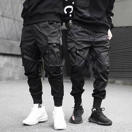Men Block Black Pocket Cargo Pants Joggers Sweatpant Hip Hop