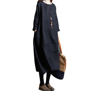 纯色连衣裙韩版 女装 宽松大码 棉麻长款 圆领长裙 2020秋季 九分袖 新款