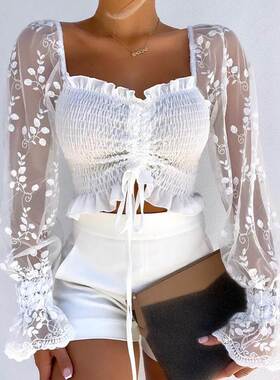 Shirring Detail Frill Hem Mesh Top拼接蕾丝方领抽绳上衣女
