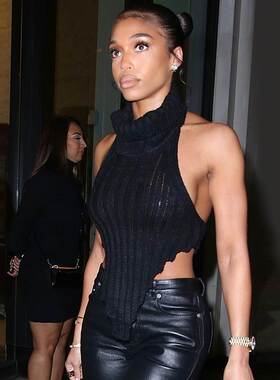 欧美时尚经典女装气质高领针织无袖个性黑色针织上衣露脐背心上衣