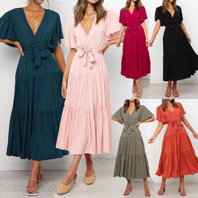women falbala long dress欧美度假V领荷叶袖高腰系带大摆中长裙