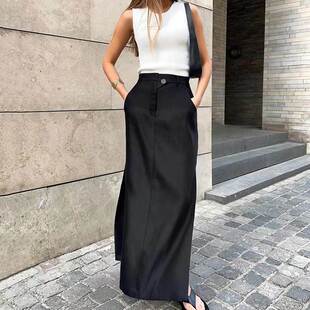 waist 欧美2022秋季 高腰开叉气质绵绸垂感半身裙 high skirt slit
