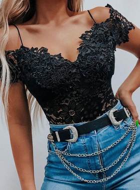 Crochet Lace Cold Shoulder Skinny Top黑色蕾丝露肩短袖上衣