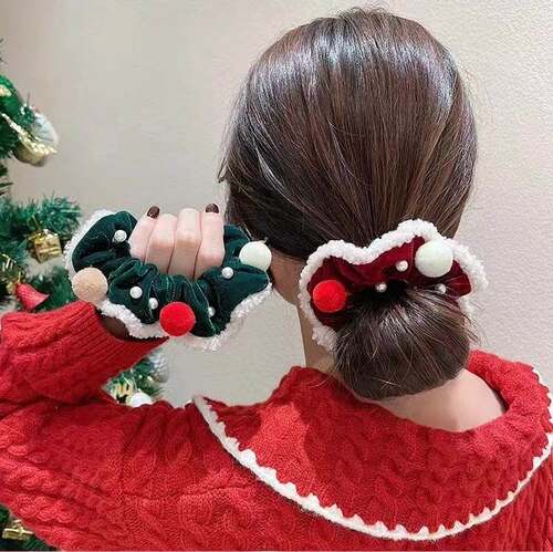 Autumn Winter Christmas Red Wool Ball Velvet Hair Ring All-m