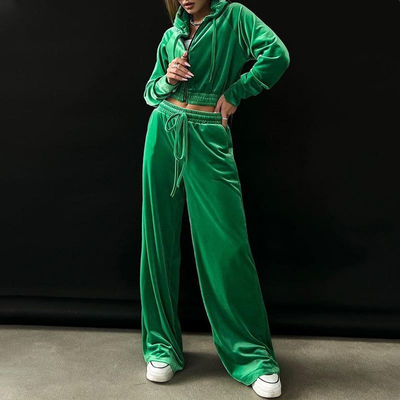 秋冬女时尚长袖连帽卫衣金丝绒休闲裤套装 casual two-piece set