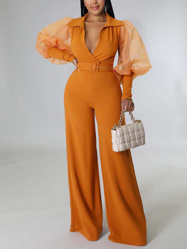 Women Wide Leg Jumpsuit欧美V领网纱泡泡袖宽松喇叭连体裤夏季