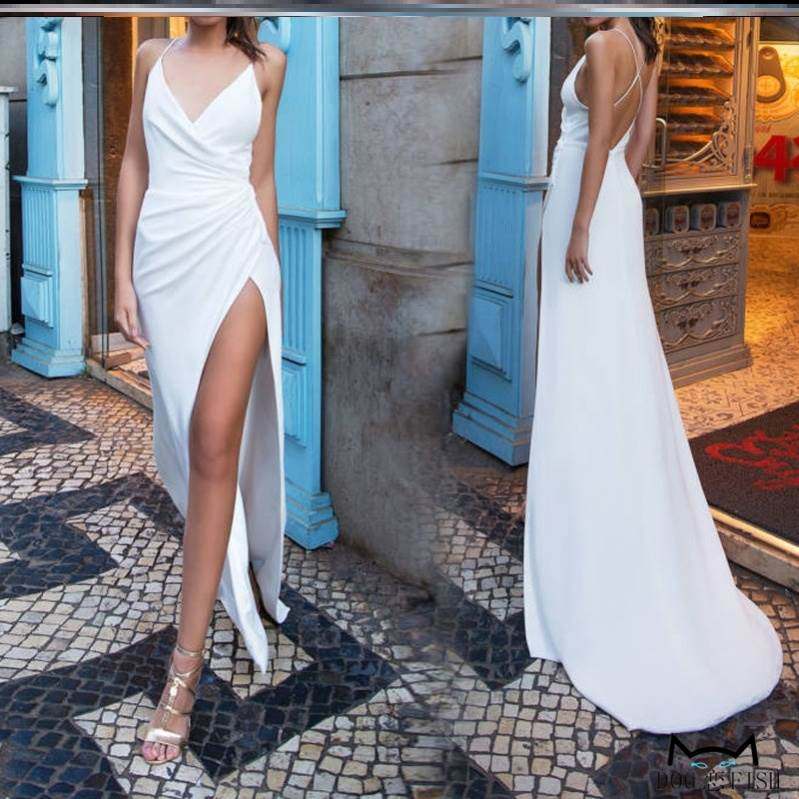 吊带深V性感高开叉露腿长裙子白色连衣裙white dress party wear