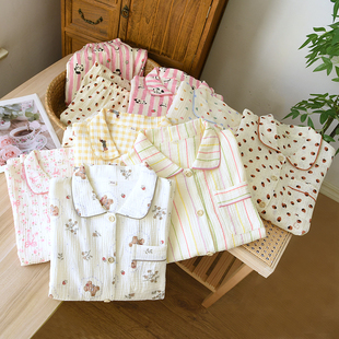 纯棉婴儿棉纱女士家居服休闲双层绉纱透气睡衣宽松长袖长裤翻领款