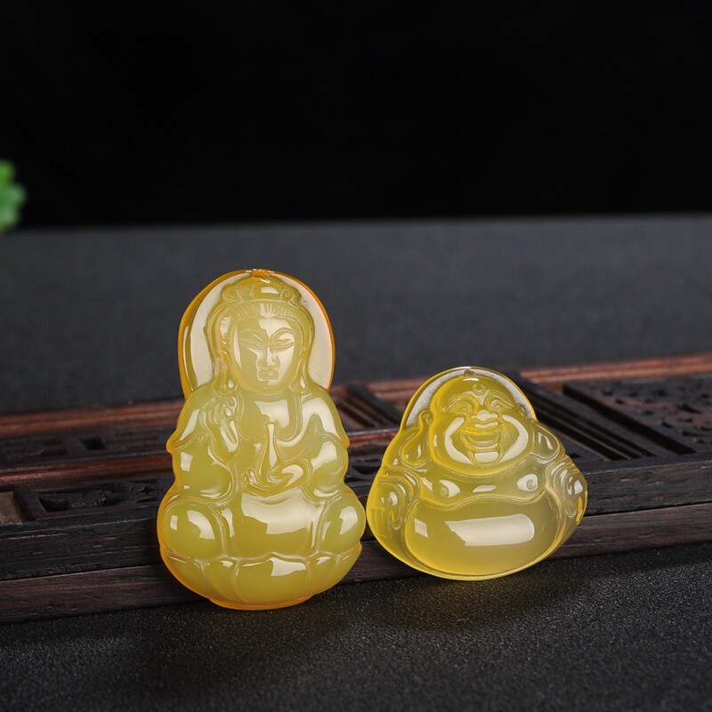 冰种黄玉髓观音佛吊坠男女款玛瑙黄玉石菩萨笑佛宝宝儿童玉坠玉佩