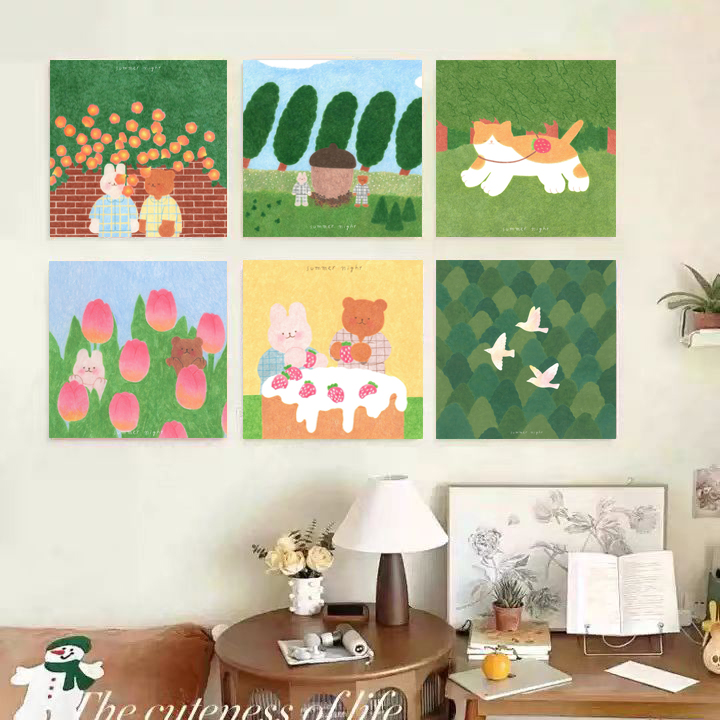 法式奶油风小熊和小兔卡通客厅餐厅装饰画儿童房清新立体感无框画