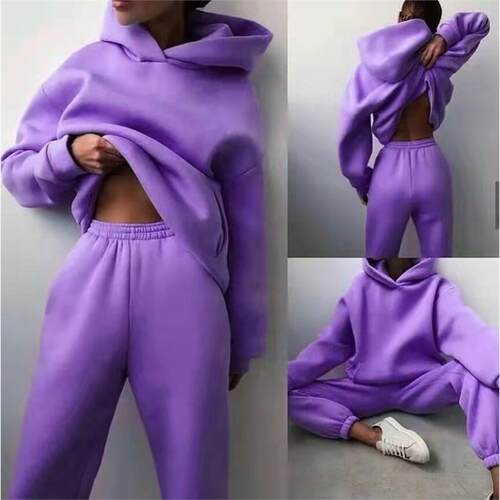 women winter fleece coat+pants 休闲连帽卫衣两件套2024