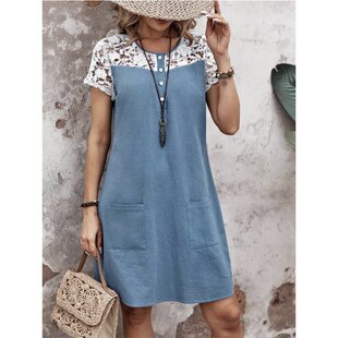 ladies skirt春夏休闲宽松撞色蕾丝拼接口袋女连衣裙 dress women