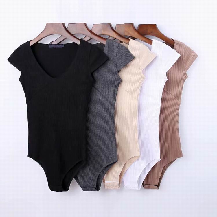 欧美ins性感V领拼接连体T恤女夏季修身显瘦坑条棉短袖打底上衣潮