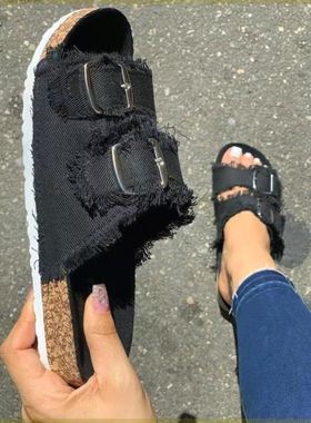 plus size one word bule flat slippers canvas ladies slippe