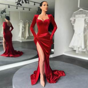Party Square Neck Slit 歐美氣質方領高開叉手套禮服長裙 Dress