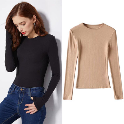 欧美纯色小圆领弹力打底衫女士春秋百搭紧身显瘦内搭外穿长袖T恤