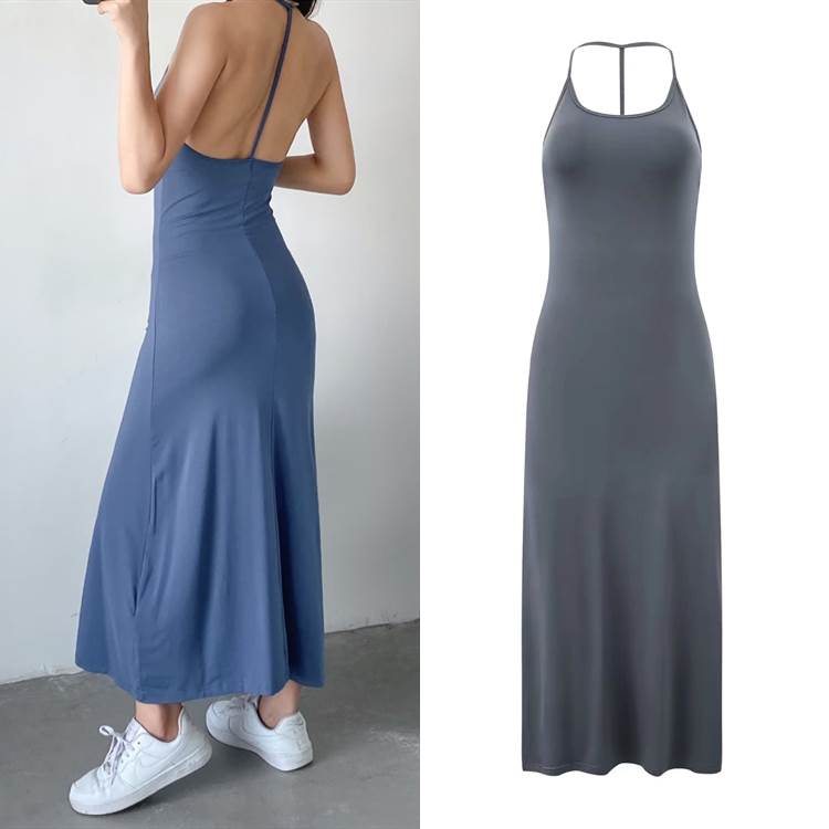 欧美纯色性感大露背挂脖连衣裙女夏季修身显瘦无袖包臀裙打底长裙