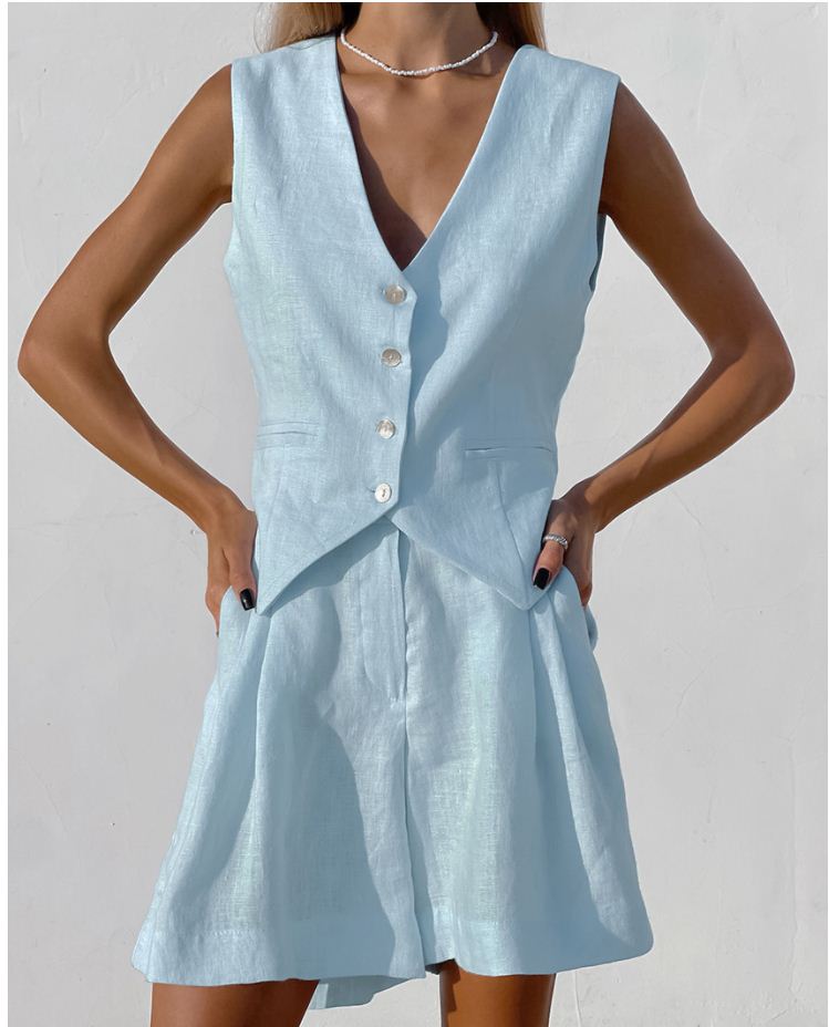 Cotton Vest Shorts Set设计感棉麻无袖西装马甲背心短裤休闲套装