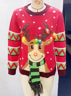 LED Light Christmas Sweater with Elk Women Winter Thic Warm
