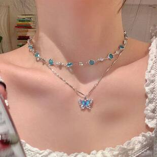 Romantic Blue Crystal Butterfly Necklace for Women Girls Sim