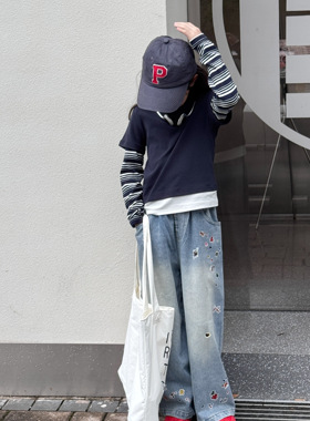 韩国正品飞行日记小众设计师新款满印儿童洋气印花牛子裤25677