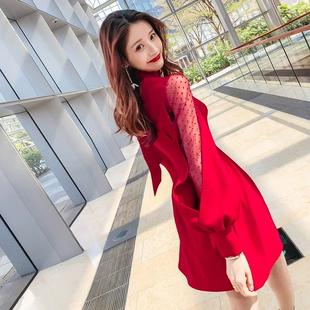 红色裙子2022新款 连衣裙 性感网纱拼接灯笼袖 韩语琳春季 女装 潮韩版