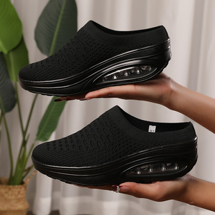 夏天透气款一脚蹬厚底增高包头半拖鞋休闲气垫妈妈鞋飞织镂空女鞋