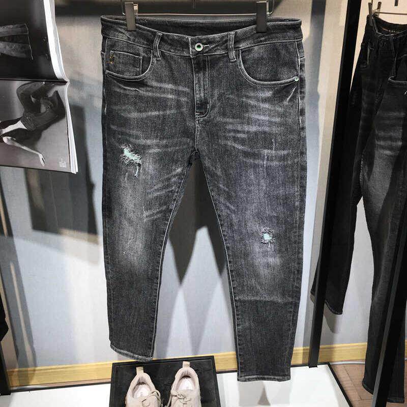 破洞黑灰色做旧帅气休闲男士百搭弹力修身弹力长裤韩版轻奢F817