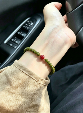天然沉水绿檀足金朱砂手串女本命年转运珠佛珠五行喜木火送礼手链
