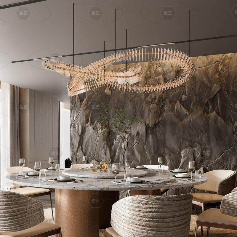 中山工厂直销现代轻奢客厅吊灯设计师艺术鱼骨造型实木餐厅大气灯