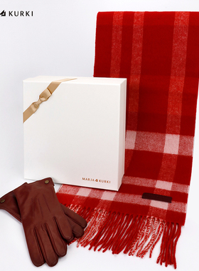MARJAKURKI玛丽亚古琦红色格子双面羊绒围巾羊皮真皮手套礼盒套装
