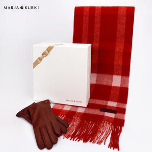 MARJAKURKI玛丽亚古琦红色格子双面羊绒围巾羊皮真皮手套礼盒套装