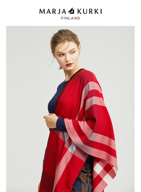 MARJAKURKI玛丽亚古琦英伦格子羊毛围巾女冬季红色针织大披肩外搭