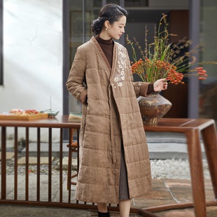 中长款 棉麻棉袄夹棉加厚长棉衣棉服保暖复古长款 外套 女新中式 冬季