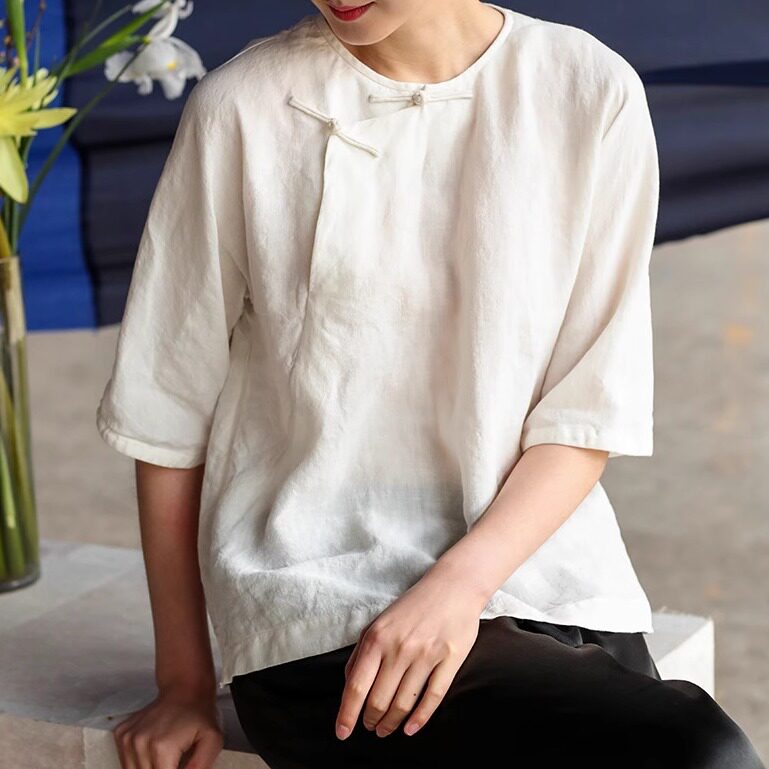 2026夏季新款圆领女装纯亚麻文艺复古斜襟民族风纯色禅服文艺上衣